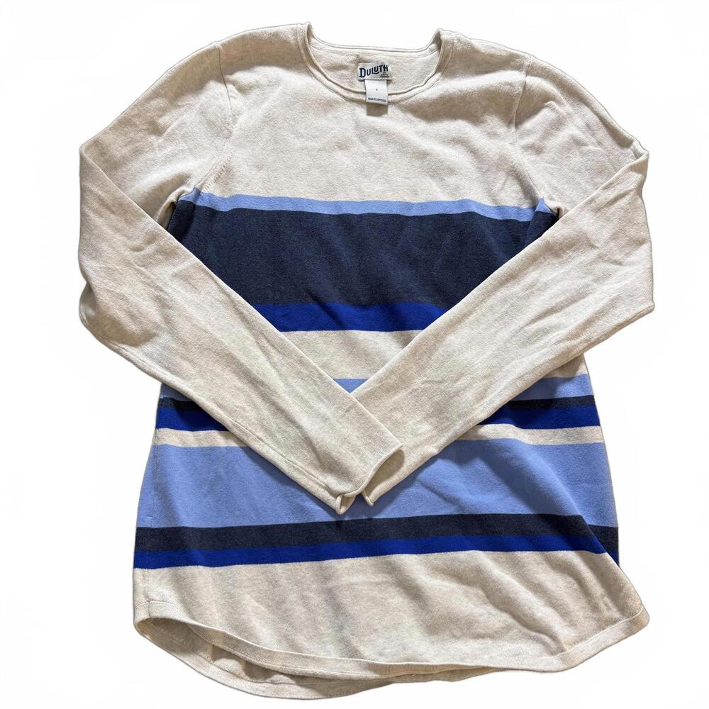 DULUTH TRADING CO Blue/Cream striped Long Sleeve Sweater Wms SZ Small Cabincore